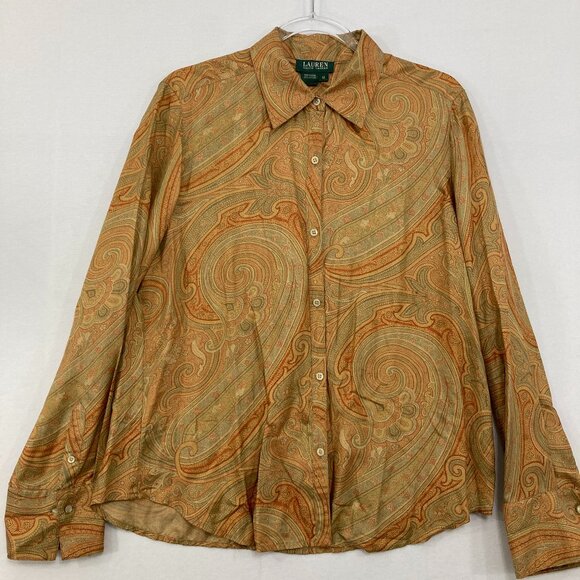 Lauren Ralph Lauren size 12 Pure Silk Paisley Abstract Long Sleeve Button Down - Picture 1 of 10